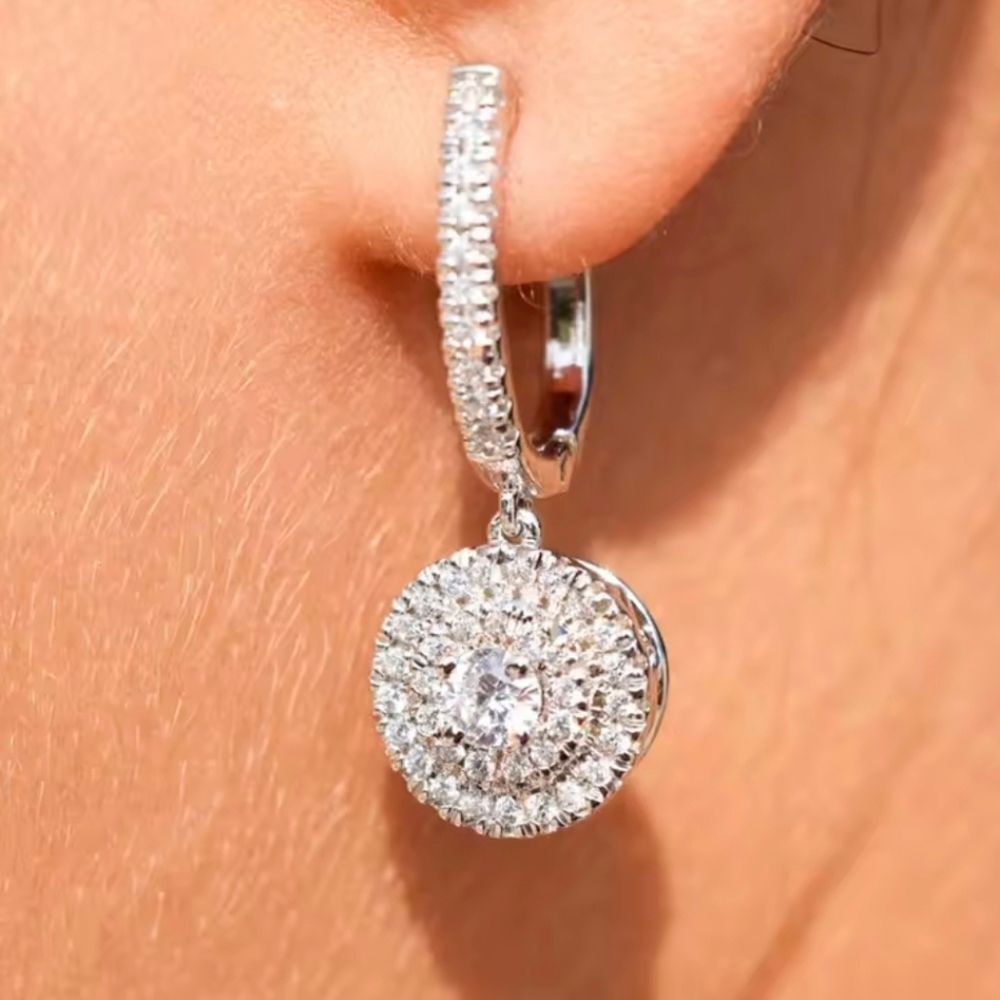 Silver Round Diamond Drop Earrings